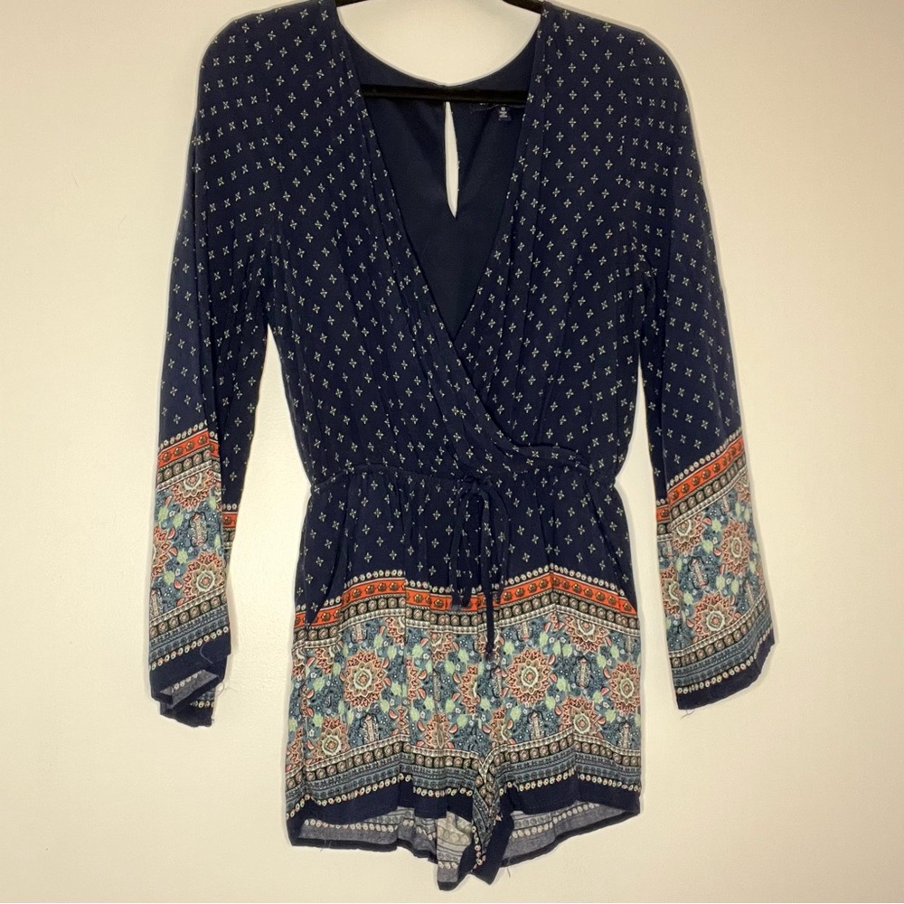 Navy Patterned Long Sleeve Romper